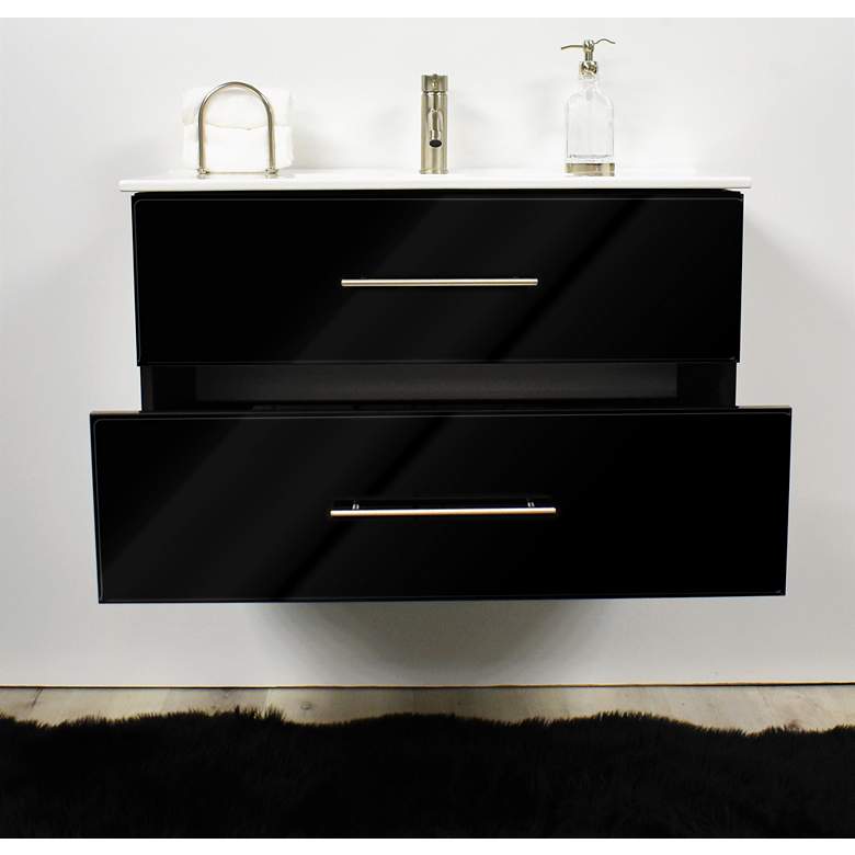 Image 6 Napa 36"W Glossy Black Wall-Mounted Floating Bathroom Vanity more views