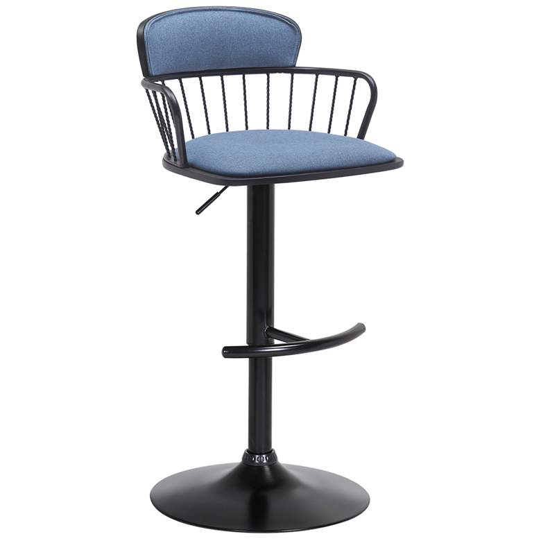 Image 1 Nash Adjustable Barstool in Black Wood, Metal and Blue Fabric
