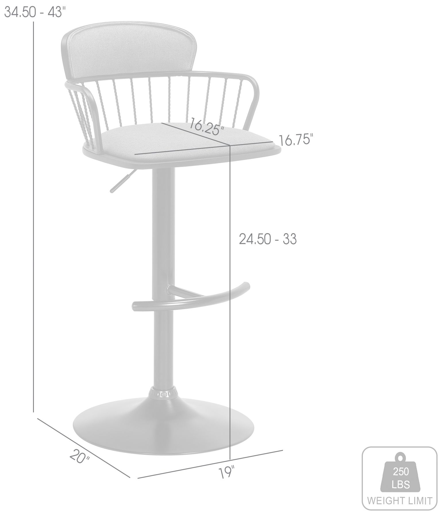Nash Adjustable Barstool in Black Wood, Metal and Light Grey Fabric