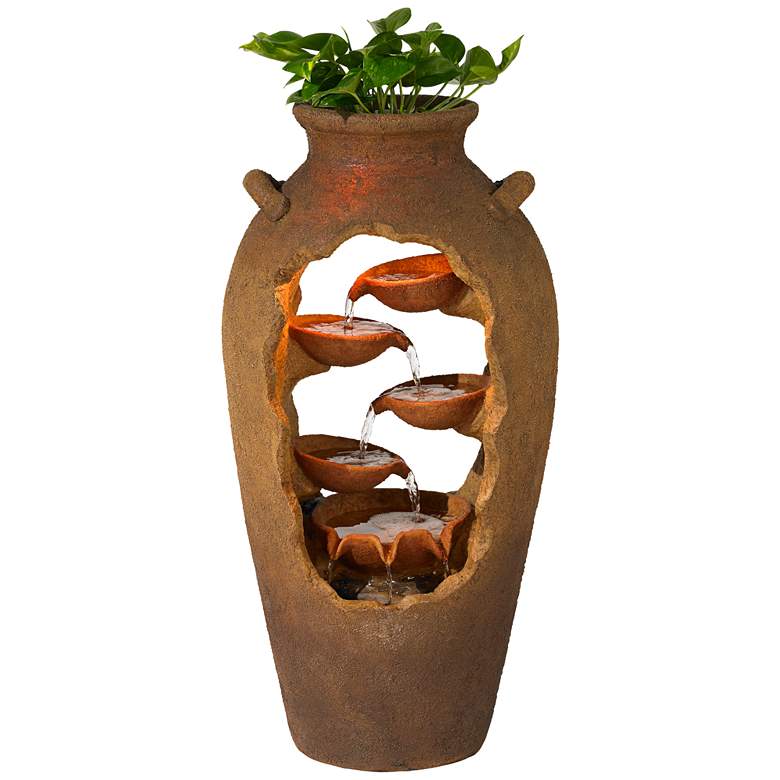 Image 3 Nathan Cascade 33" High Rustic Urn Fountain with Planter and LED Light