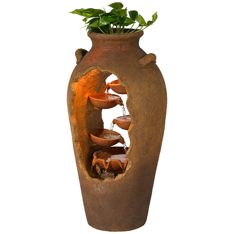 Image 5 Nathan Cascade 33" High Rustic Urn Fountain with Planter and LED Light more views