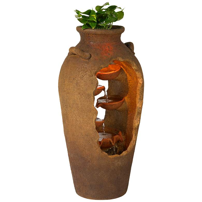 Image 6 Nathan Cascade 33" High Rustic Urn Fountain with Planter and LED Light more views