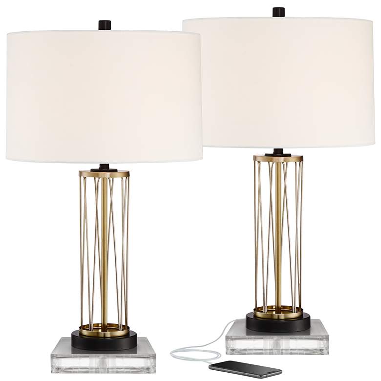 Image 1 Nathan Gold Cage USB Table Lamps With 8" Square Risers