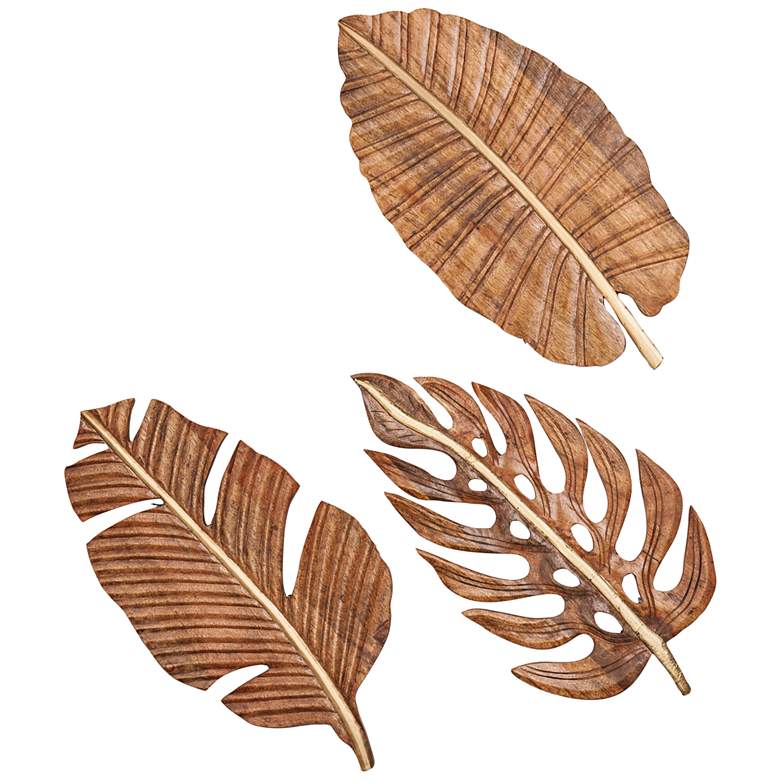 Image 1 Natural 24" High Carved Leaf Wooden 3-Piece Wall Art Set