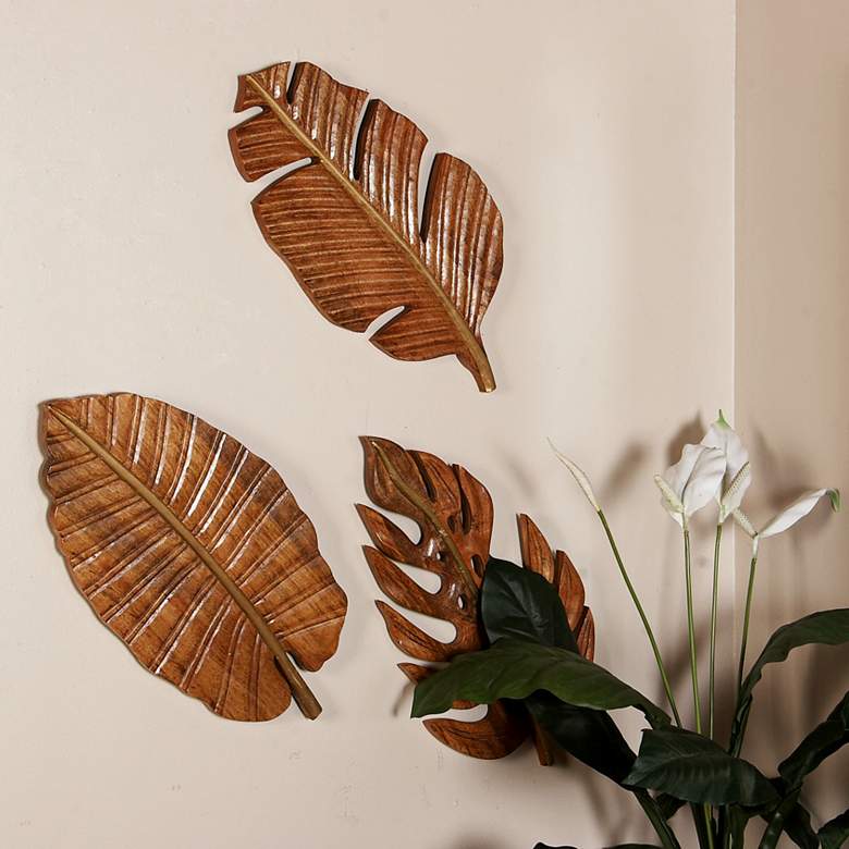 Image 5 Natural 24 inch High Carved Leaf Wooden 3-Piece Wall Art Set more views