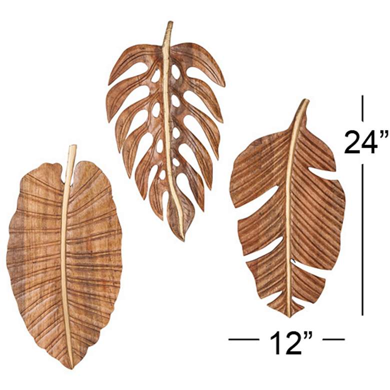 Image 6 Natural 24 inch High Carved Leaf Wooden 3-Piece Wall Art Set more views