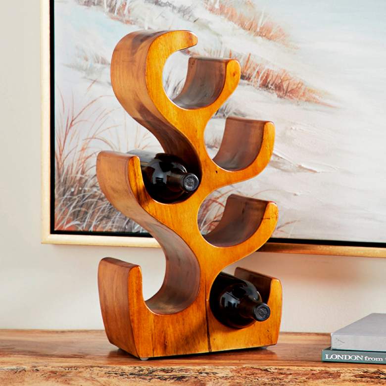 Image 1 Natural Acacia Wood 20" High 6-Bottle Holder Sculpture