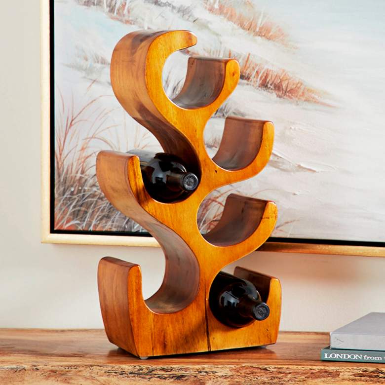 Image 1 Natural Acacia Wood 20 inch High 6-Bottle Holder Sculpture