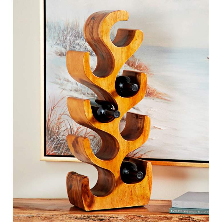 Image 1 Natural Acacia Wood 28" High 8-Bottle Holder Sculpture