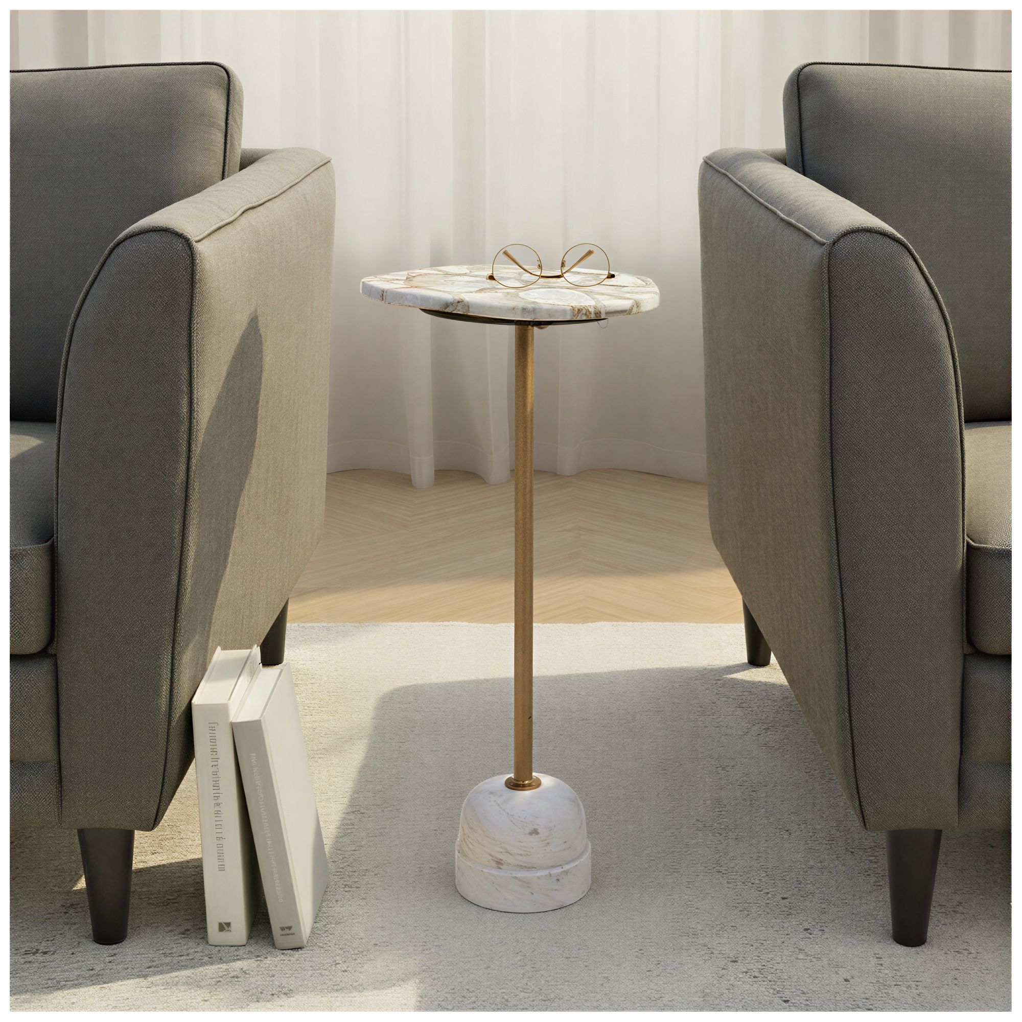 Image 3 Natural Agate and White Marble Pedestal Drink Table with Gold Post more views