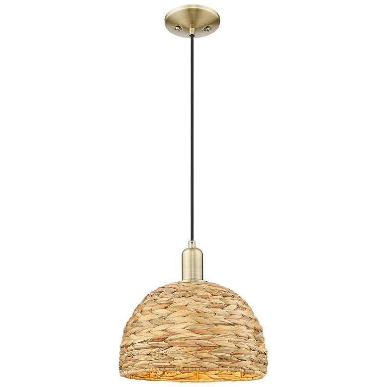 Image 1 Natural Ballston Dome 12"W Antique Brass Cord Mini Pendant w/ Fiber Shade