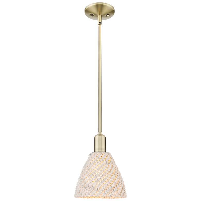 Image 1 Natural Ballston Dome 8"W Antique Brass Stem Mini Pendant w/ Fiber Shade