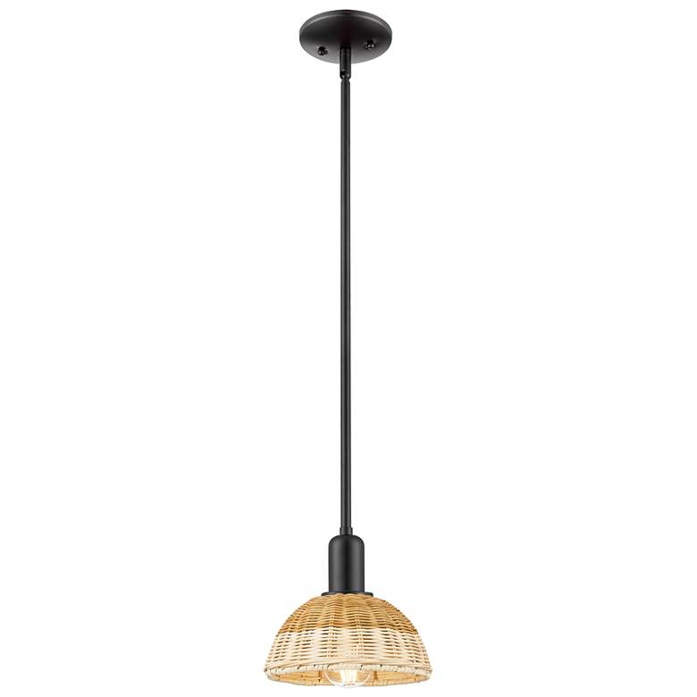Image 1 Natural Ballston Dome 8"W Black Stem Mini Pendant w/ Basketweave Shade
