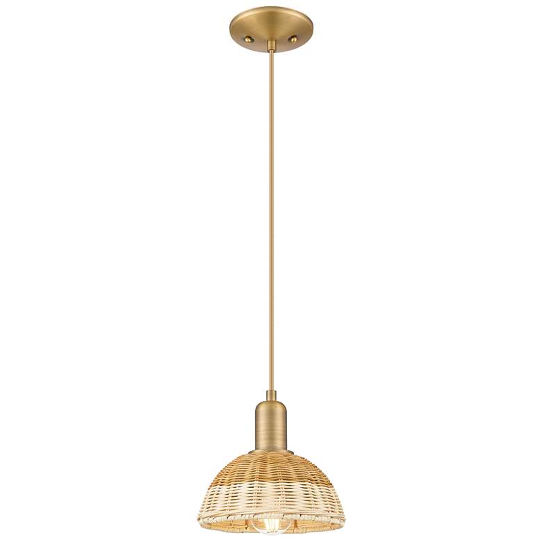 Image 1 Natural Ballston Dome 8"W Brass Cord Mini Pendant w/ Basketweave Shade