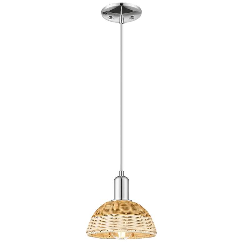 Image 1 Natural Ballston Dome 8"W Chrome Cord Mini Pendant w/ Basketweave Shade
