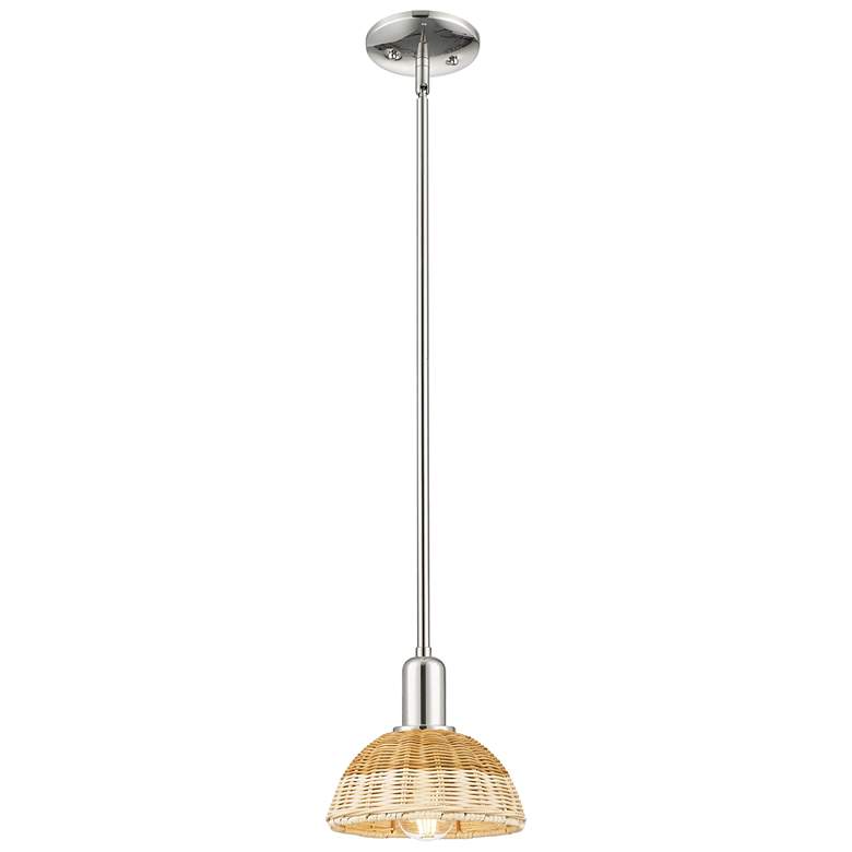 Image 1 Natural Ballston Dome 8"W Nickel Stem Mini Pendant w/ Basketweave Shade