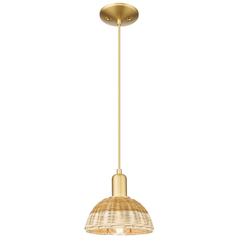 Image 1 Natural Ballston Dome 8"W Satin Gold Cord Mini Pendant w/ Basketweave Shade