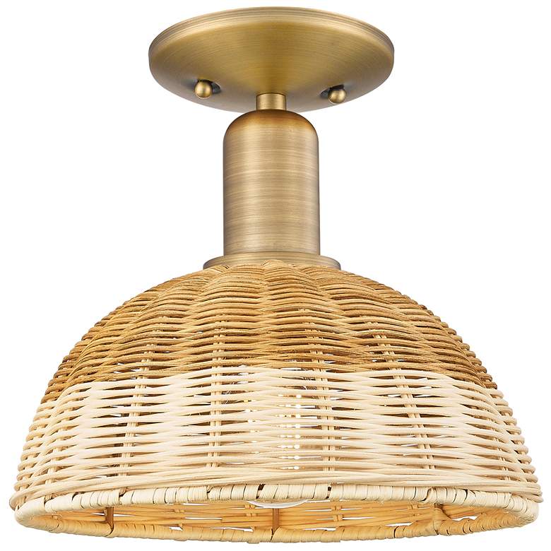 Image 1 Natural Ballston Dome 9"W Brushed Brass Semi-Flush w/ Basketweave Shade