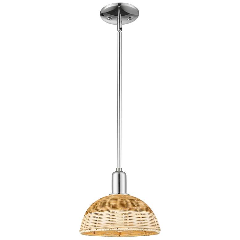 Image 1 Natural Ballston Dome 9"W Chrome Stem Mini Pendant w/ Basketweave Shade