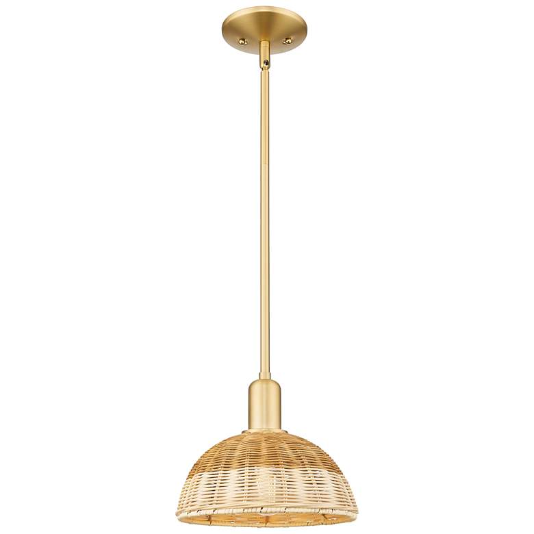 Image 1 Natural Ballston Dome 9"W Satin Gold Stem Mini Pendant w/ Basketweave Shade