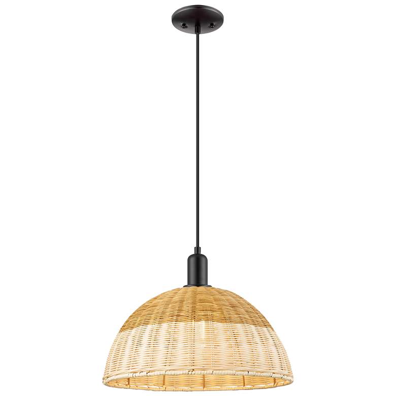 Image 1 Natural Ballston Dome Wide Black Cord Mini Pendant w/ 16" Basketweave Shade