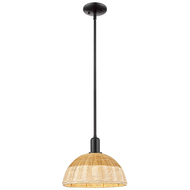 Image 1 Natural Ballston Dome Wide Black Stem Mini Pendant w/ 12" Basketweave Shade