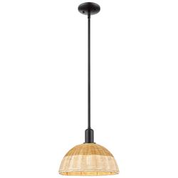 Natural Ballston Dome Wide Black Stem Mini Pendant w/ 12" Basketweave Shade