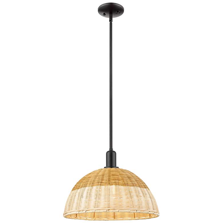 Image 1 Natural Ballston Dome Wide Black Stem Mini Pendant w/ 16" Basketweave Shade