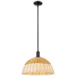 Natural Ballston Dome Wide Black Stem Mini Pendant w/ 16" Basketweave Shade