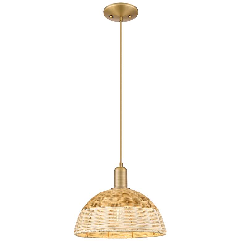 Image 1 Natural Ballston Dome Wide Brass Cord Mini Pendant w/ 12" Basketweave Shade