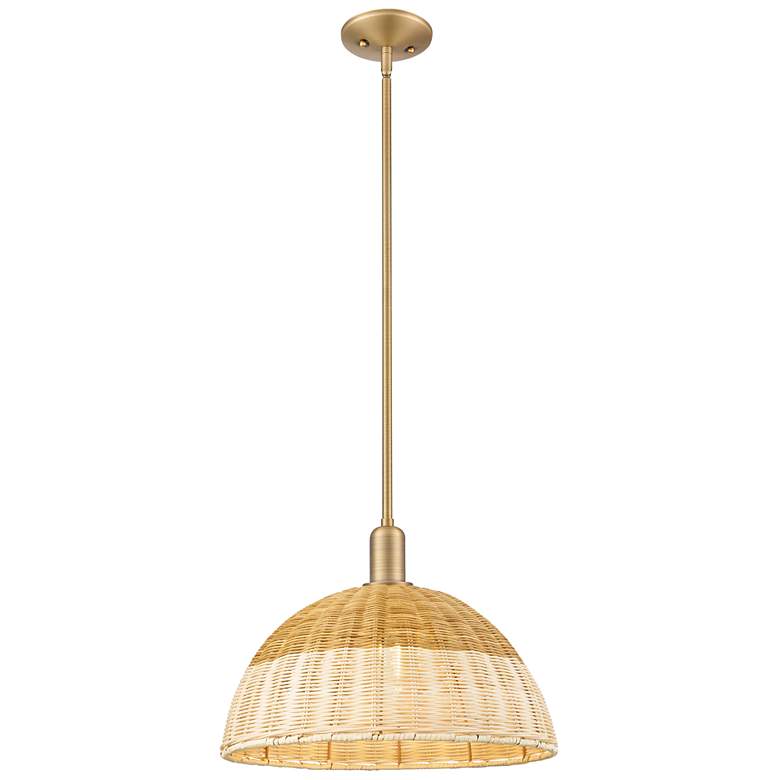 Image 1 Natural Ballston Dome Wide Brass Stem Mini Pendant w/ 16" Basketweave Shade