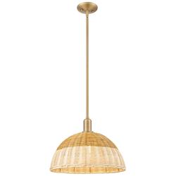 Natural Ballston Dome Wide Brass Stem Mini Pendant w/ 16" Basketweave Shade