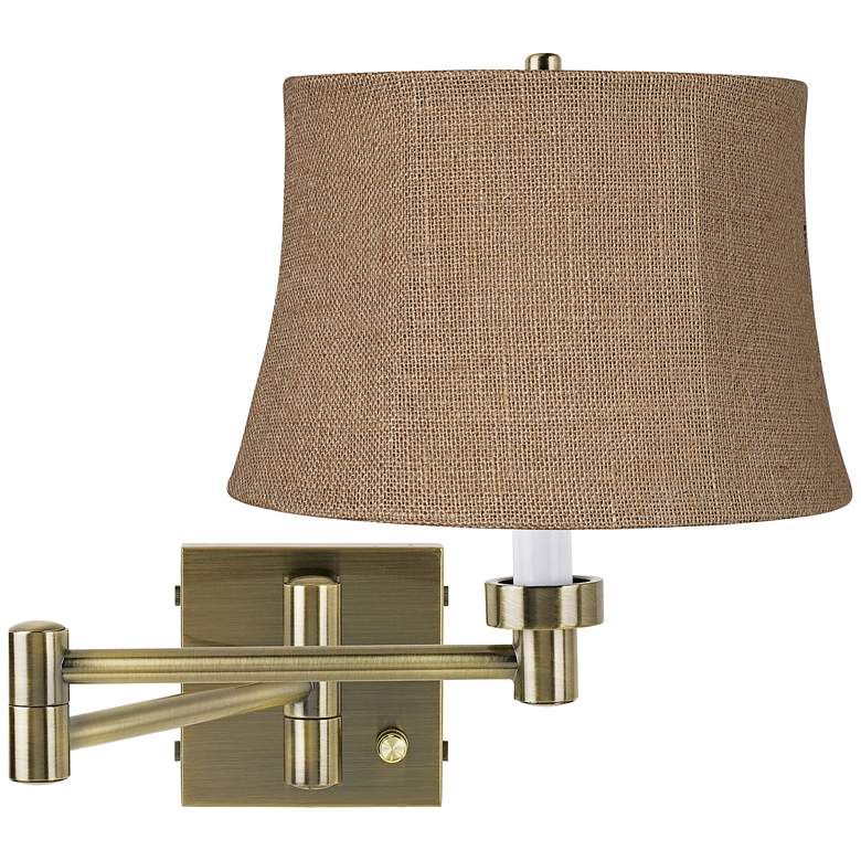 Image 1 Natural Burlap Antique Brass Plug-In Swing Arm Wall Light