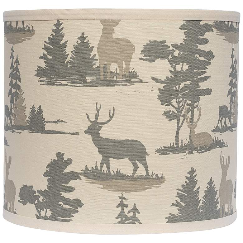 Image 1 Natural Deer and Pines Drum Lamp Shade 14x14x11 (Spider)