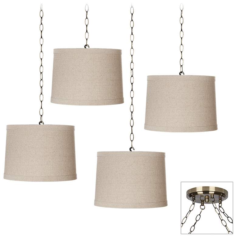 Image 1 Natural Linen 4-Light Antique Brass Multi Light Pendant