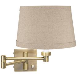 Natural Linen Drum Shade Brass Plug-In Swing Arm Wall Lamp