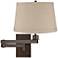Natural Linen Drum Shade Bronze Plug-in Swing Arm Wall Lamp