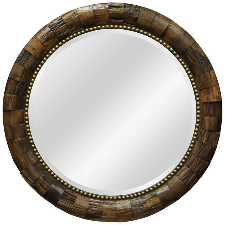 Image 1 Natural Wood 38 inch Round Wall Mirror with Nail Head Trim