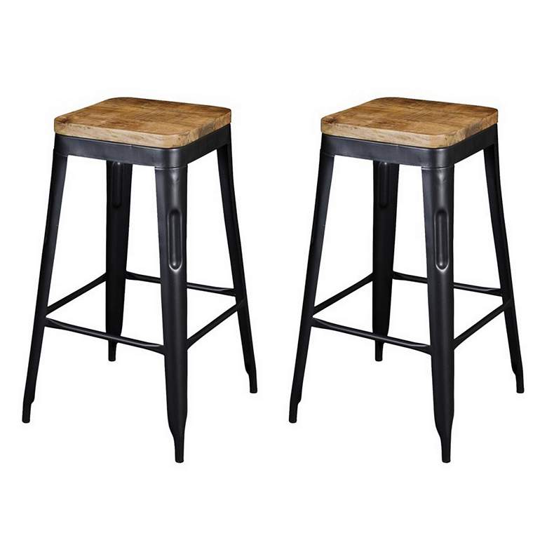 Image 1 Natural Wood and Black Iron Bar Stools Set of 2