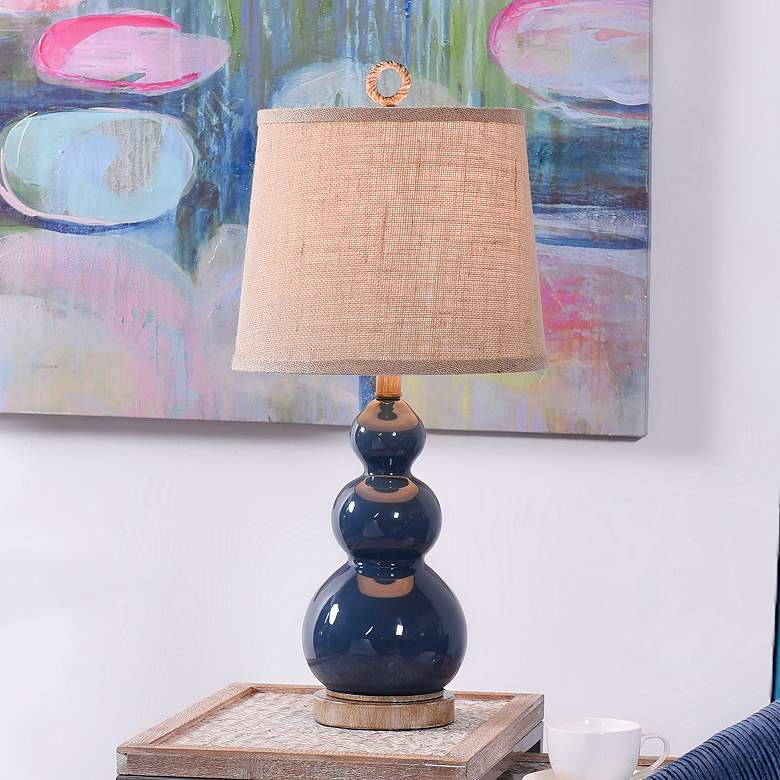 Image 1 Nautical Blue Table Lamp with a Burlap Shade and Circle Faux Rope Finial