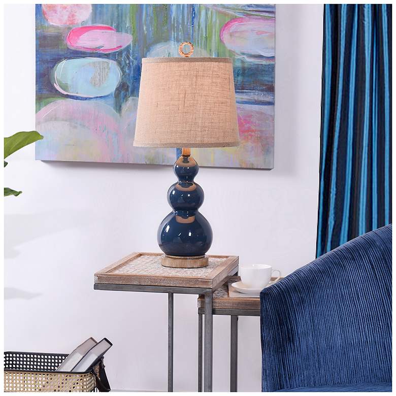 Image 7 Nautical Blue Table Lamp with a Burlap Shade and Circle Faux Rope Finial more views