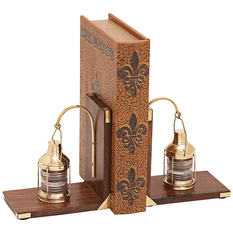 Image 1 Nautical Brass and Wood Ship&#39;s Lantern Bookends Set