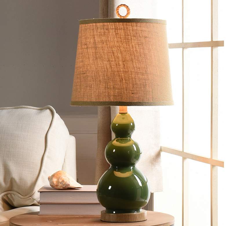 Image 1 Nautical Green Table Lamp With A Burlap Shade And Circle Faux Rope Finial