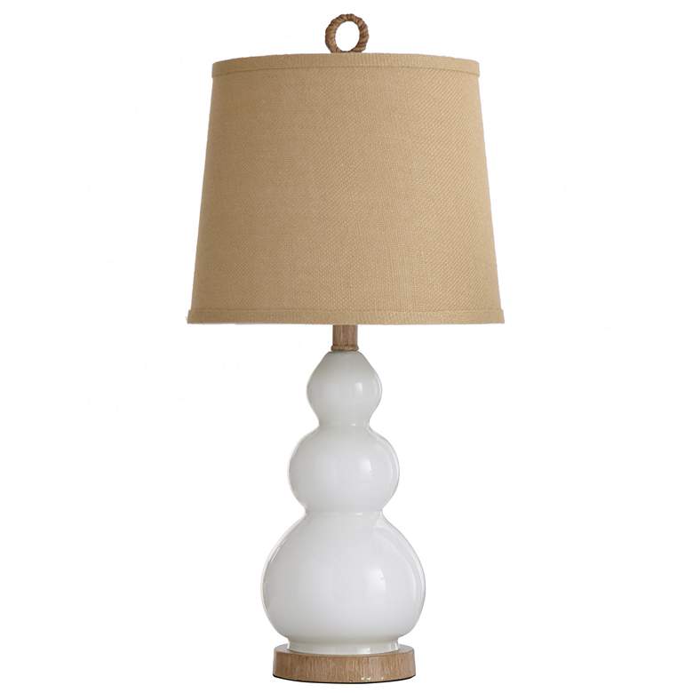 Image 1 Nautical White Table Lamp with a Burlap Shade and Circle Faux Rope Finial