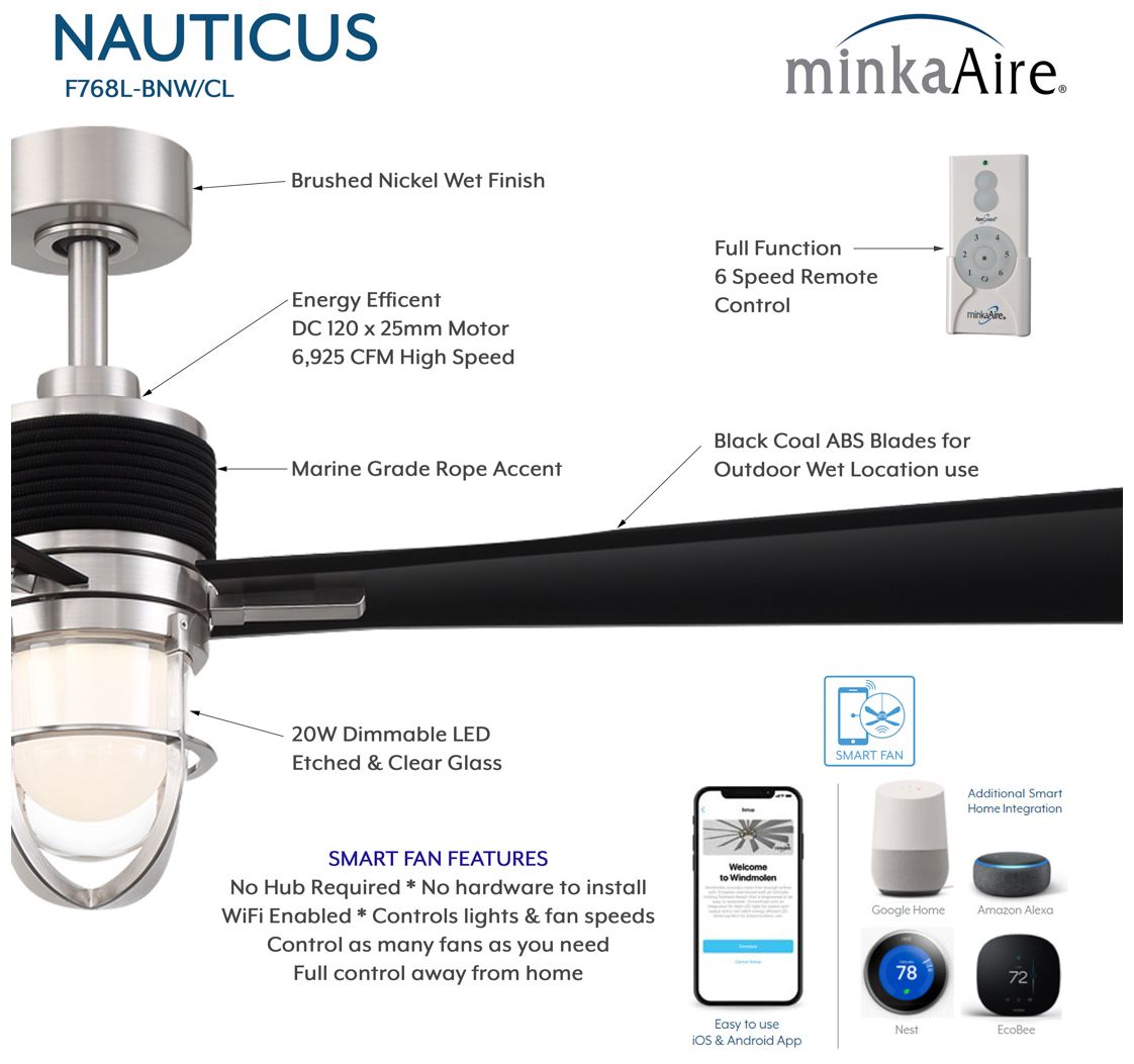 Image 3 Nauticus 65-in LED Brushed Nickel Wet Outdoor Smart Ceiling Fan with Remote more views