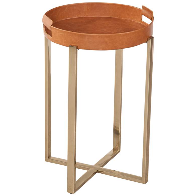 Image 1 Navarro 22" Rose Gold with Cognac Brown Leather Accent Table