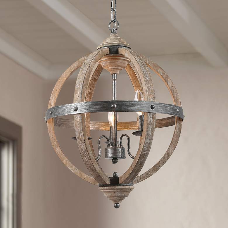 Image 1 Navejo 15 3/4"W Distressed Wood and Black 3-Light Chandelier