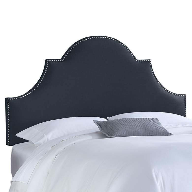 Image 1 Navy Linen Queen Nail Button High Arch Notched Headboard