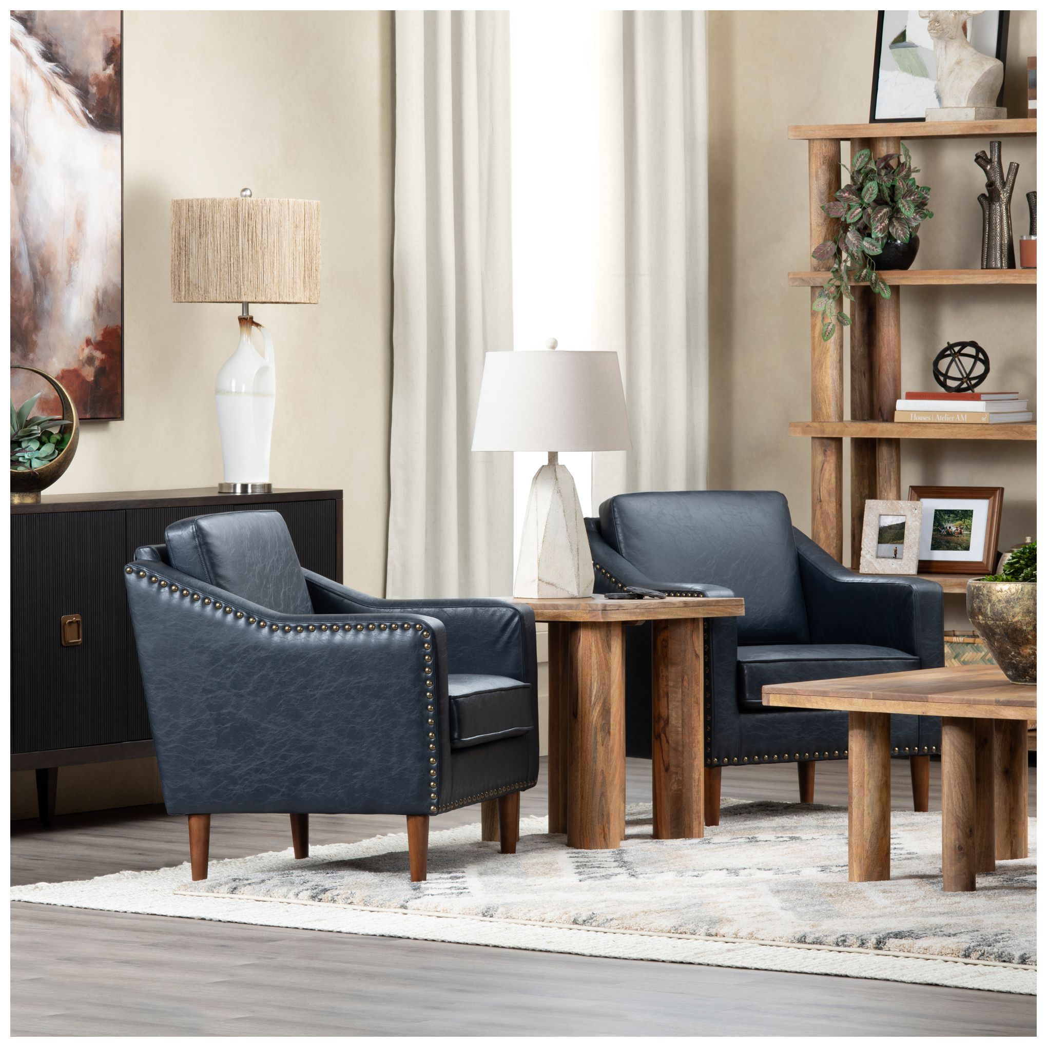 Image 5 Navy Upholstered Accent Arm Chair with Brown Solid Wood Frame more views
