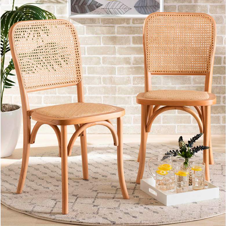 Image 1 Neah Beige Woven Rattan Natural Wood Dining Chairs Set of 2